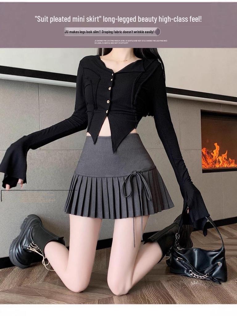 Women's College Style Black Lace-Up Pleated A-Line Skirt - High-Waisted, Slim Fit, Petite, Spring/Summer 2025