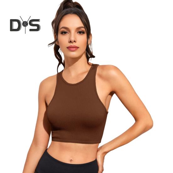 

Женский жилет для йоги с круглым вырезом без рукавов, майка-борцовка, однотонный облегающий ребристый спортивный жилет для бега M кофейный