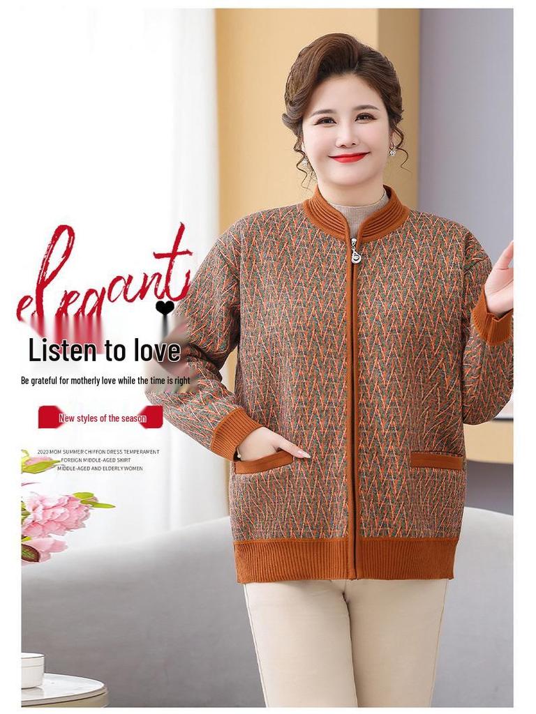 Fat Mama Plus Size Fleece-Lined Cardigan: Warm Autumn Winter Sweater for Middle-Aged & Elderly Women