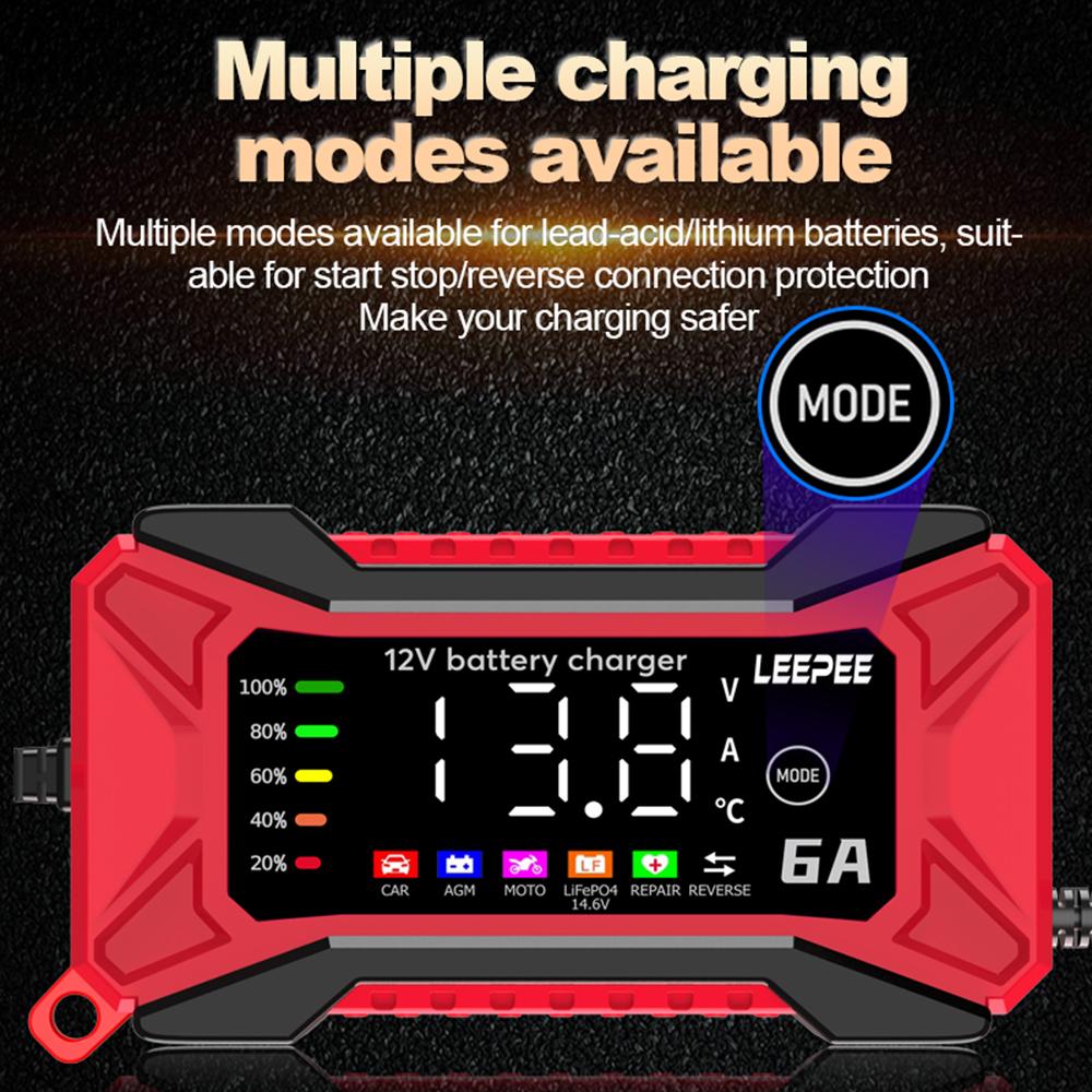 12V 6A Overvoltage Protection Intelligent Pulse Repair Car Battery Charger Voltage Temperature Detection Digital LCD Display