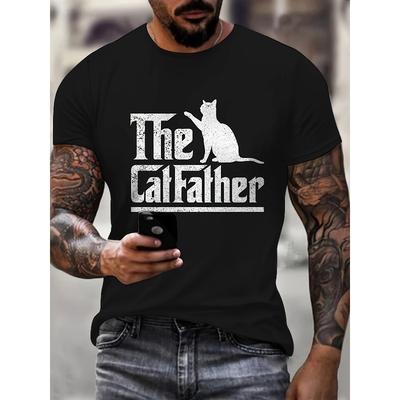 Europäische Größen Herren 3D-Katzen-Grafik-T-Shirt - „THE CATFATHER“-Design, Regular Fit für Katzenliebhaber, Streetwear-Shirt