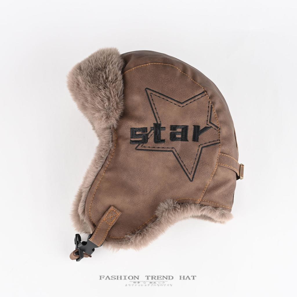 Retro leather hat men's and women's winter thickened and velvet warm ear protection hat cold pilot hat tide