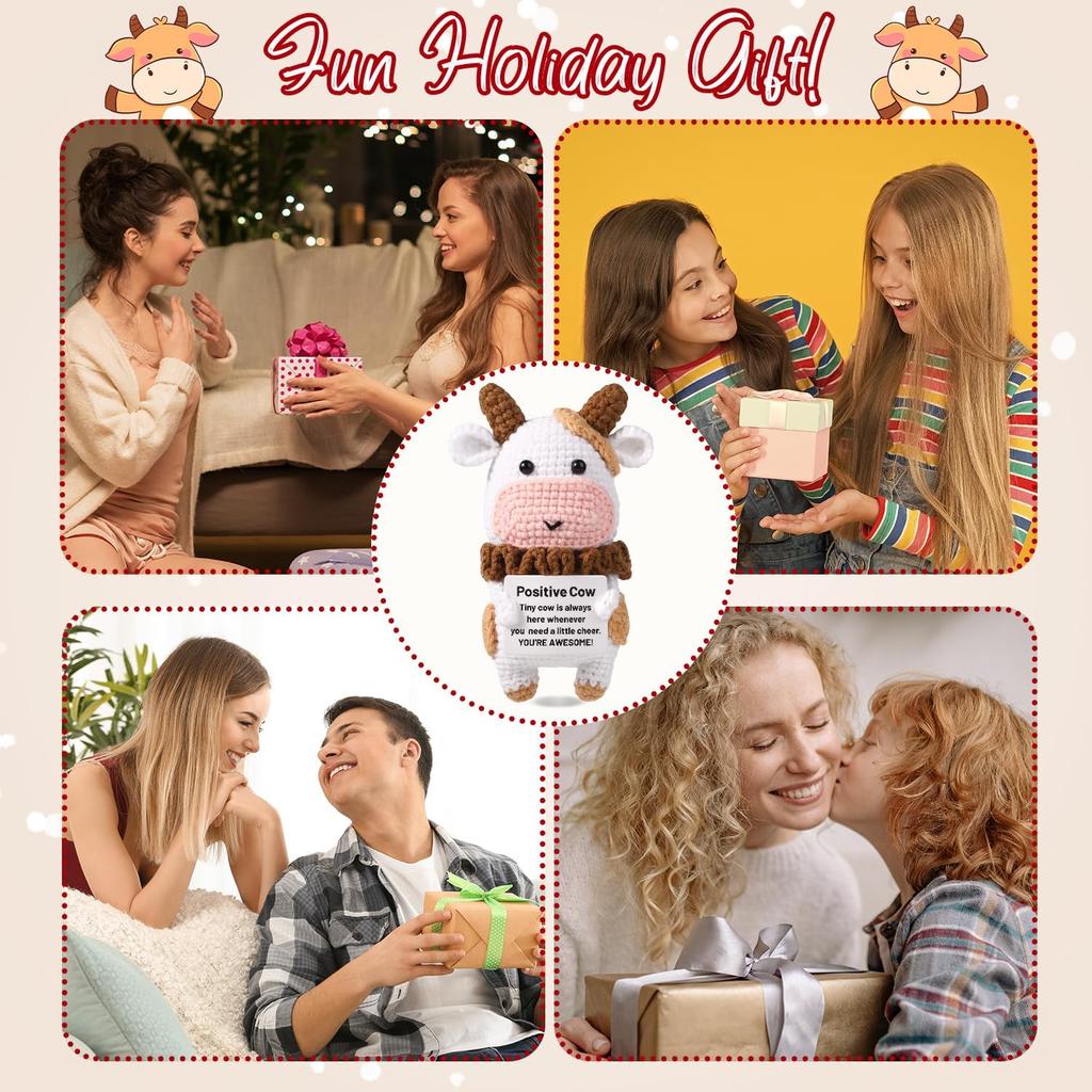 TOYMIS Positive Cow Crochet, Positive Cow Knitted Cow Crochet Cow Pattern Knitted Cow Wool Crochet Doll for Party Decorations Encouragement Gifts