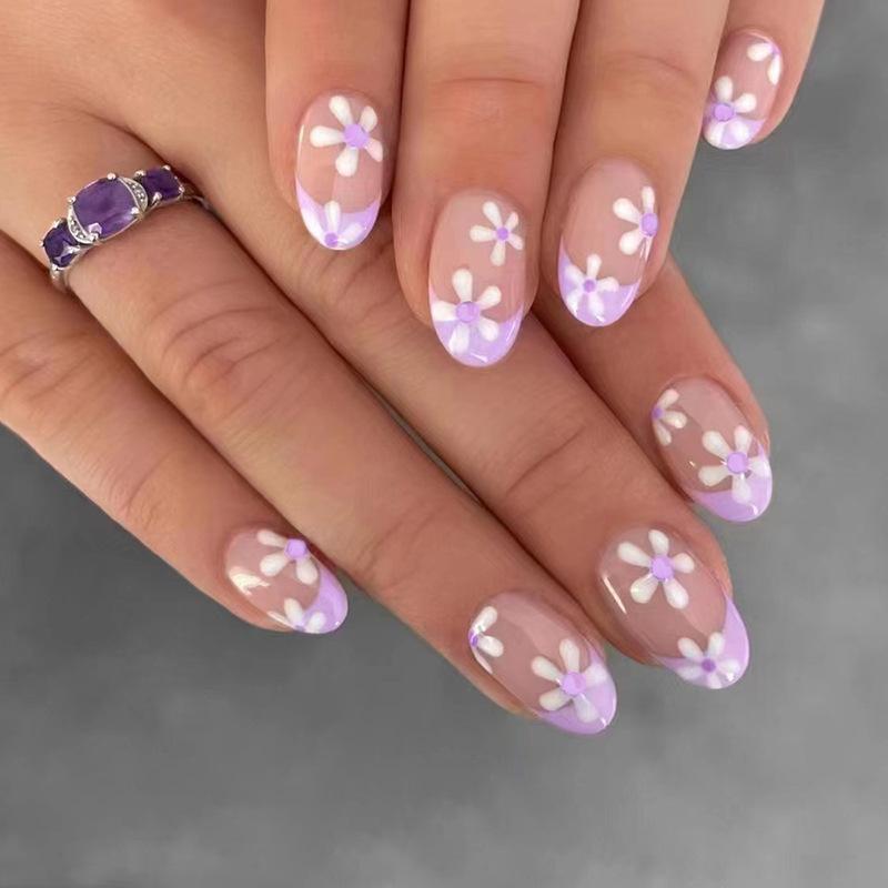 Oval taro purple French European and American ins wind fake nails cute sweet flowers wear armor