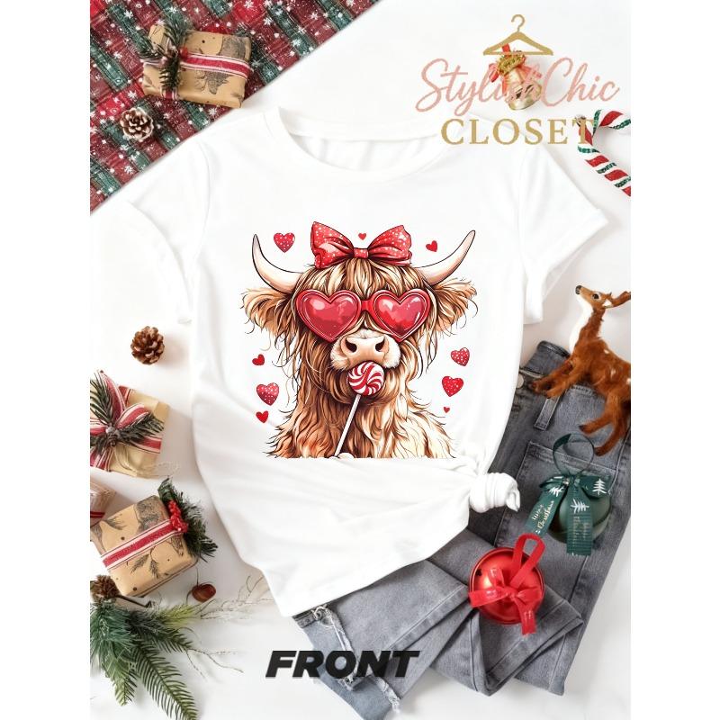 Unisex Cute Cow Heart Glasses Bow Print T-Shirt Loose Casual Holiday Gift Valentine's Day Fashion Top