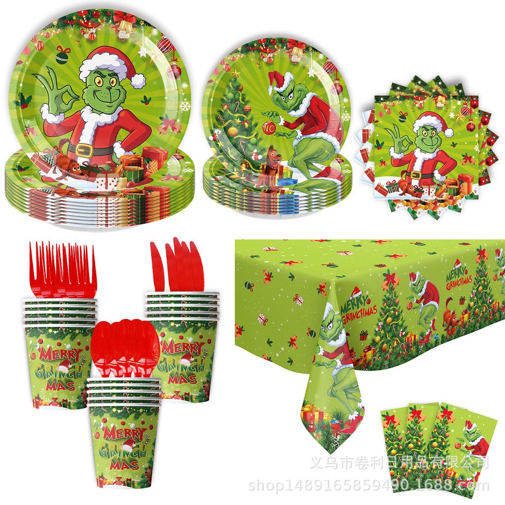 Christmas Grinch Party Decorative Tableware Flag Tablecloth Set Supplies Arrangement Paper Plate Tableware Disposable