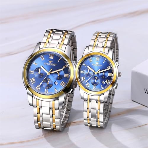 Couple's Stainless Steel Watches with 3ATM Water Resistance: Diamonds, Luminous Display, Analog Display, Calendar, Stylish Quartz Watches for Men and