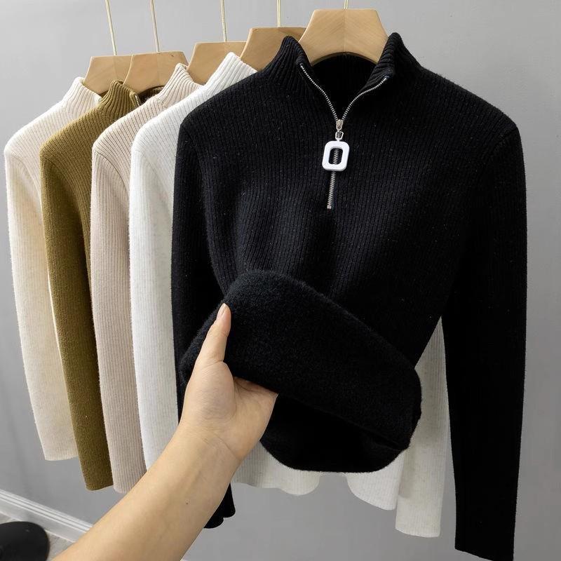 Women's Fleece-Lined One-Piece Sweater: Zip-Up Knitwear with Semi-High Neck for Autumn & Winter Layering.