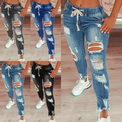 Calça Jeans Feminina Longa com Cordão Elástico e Ilhós Moda Namoro Streetwear