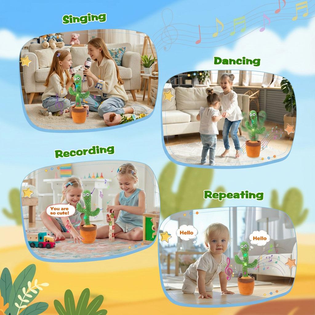 Interactive Speaking Cactus Toy Singing Dancing and Repeating Voice Soft Plush Doll for Baby Tummy Time Entertainment
