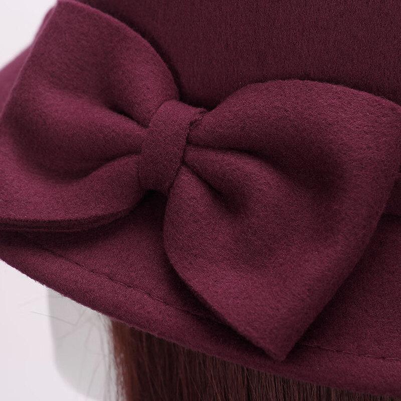 Women's Korean Style Double Bowknot Wool Felt Basin Hat