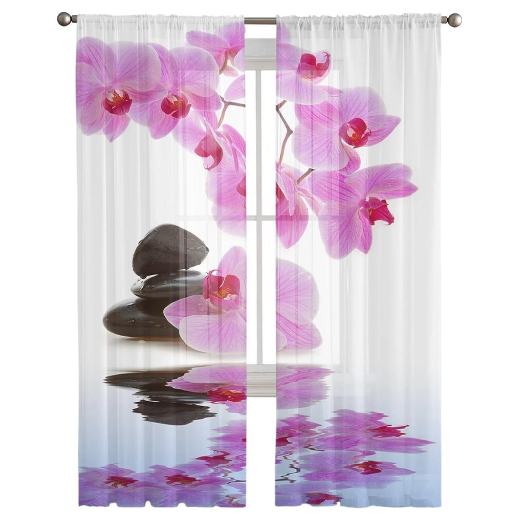 Flower Pink Orchid Reflection Sheer Curtains for Girl Kids Bedroom Kitchen Window Drapes Curtain Home Decoration