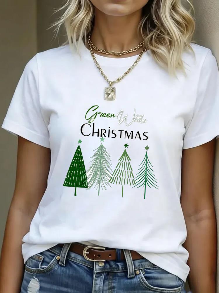 (Asian Size) T Shirt Print Casual New Year Short Sleeve T-shirts leopard Merry Christmas Fashion Women's Top O-neck Clothing Graphic Tee