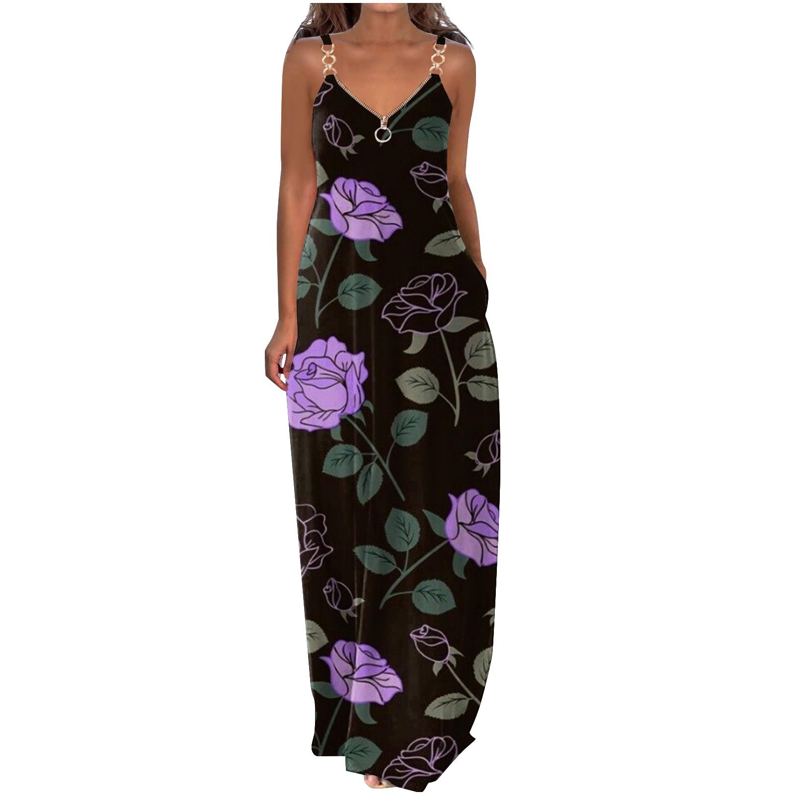 

(SU)Платья для женщин Печать V Вырез Платье Halter Длинное платье с карманами Молния Повседневный Бохо Принт Макси Платье