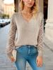 Spring/Autumn Long Sleeve Hollowed Out Knit Sweater Women's Pullover Crochet Flower Pile Loose V-Neck Base Top