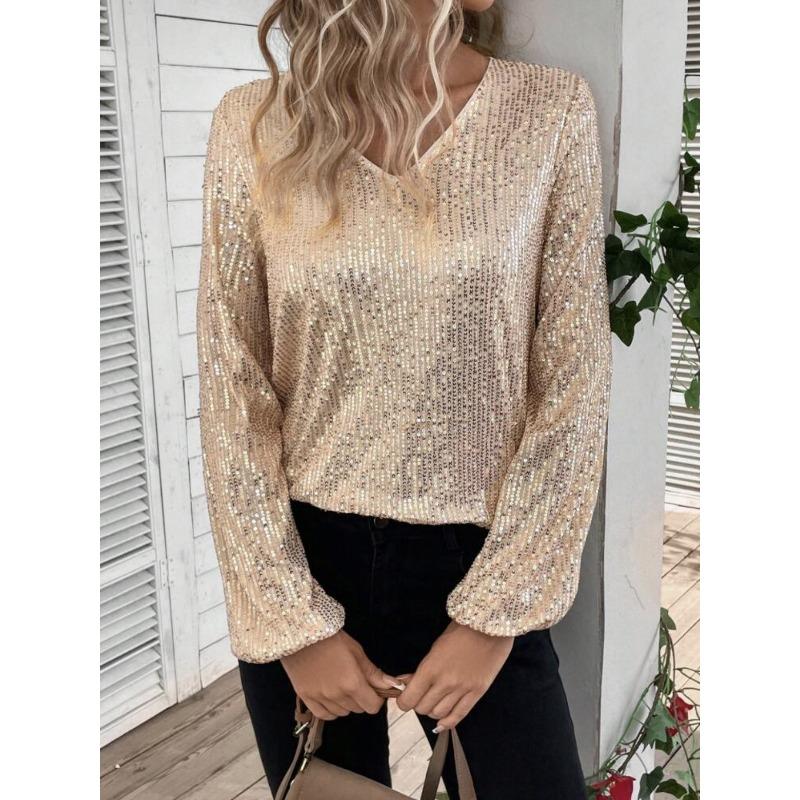 Women Elegant Loose V Neck Long Sleeve Solid Sequin T Shirt Top