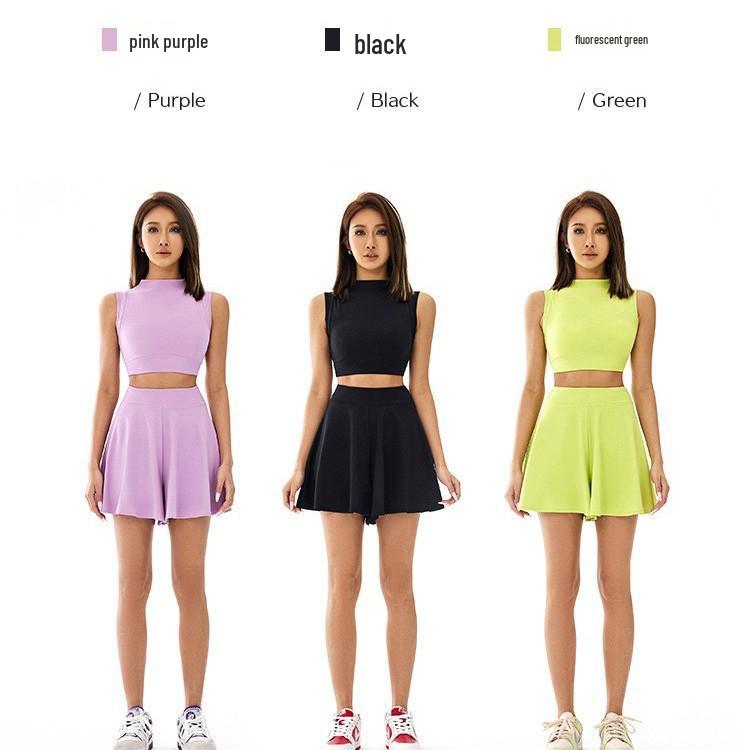 Women's Breathable Pilates & Yoga Set with Anti-Exposure Vest and Slimming Tennis Skirt
