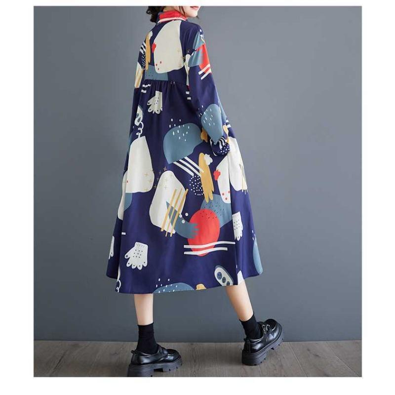 Loose Large Size Oceanic Printed Mid-Length Literary Vintage Dresses