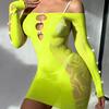 Vestido Danai Bodycon Sexy de Rede Tamanho Plus com Detalhe de Pérolas e Mangas Longas Off-Shoulder
