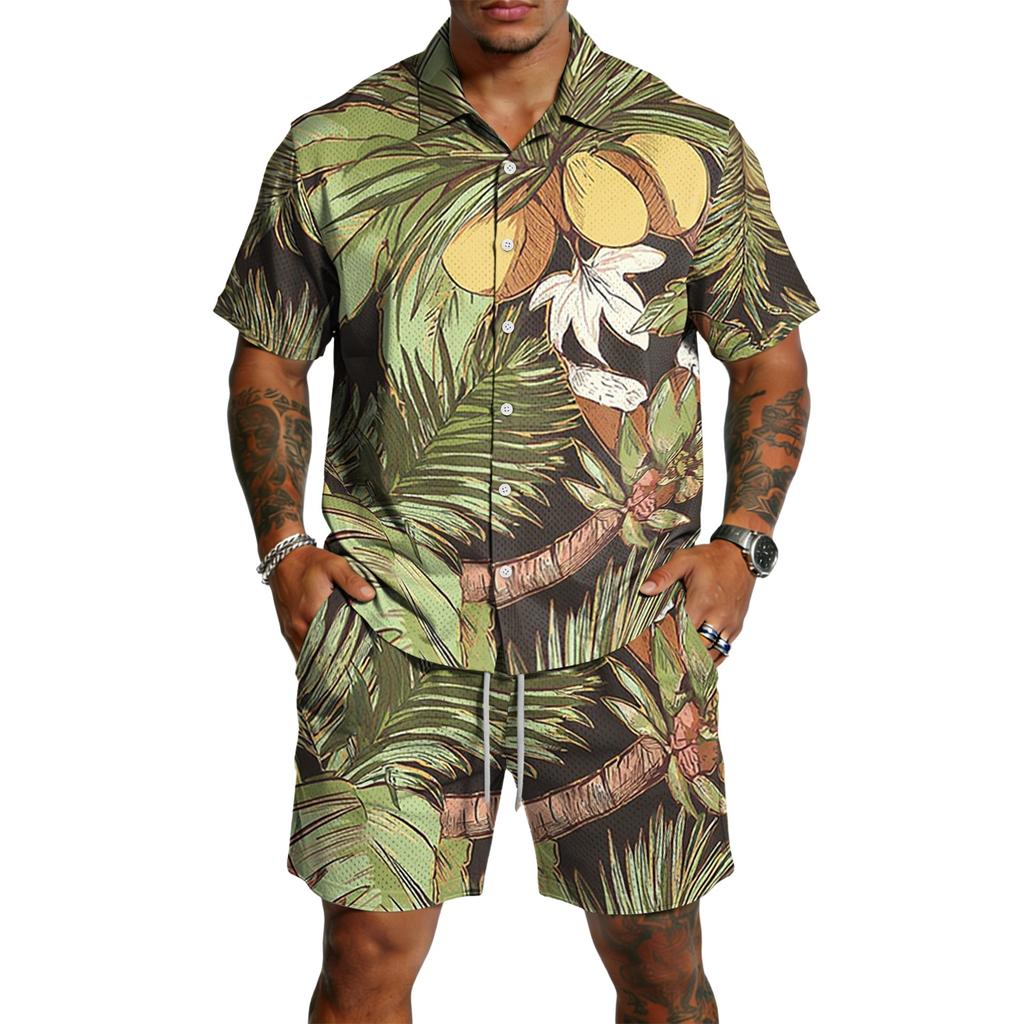 Men's Casual Print Matching Set - Lightweight Breathable Top and Drawstring Shorts 2-Piece Outfit for Summer
