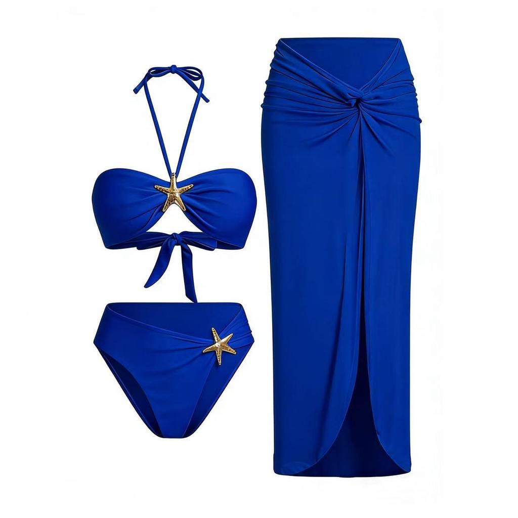 2026 European & American Three-Piece Sexy Halter Bikini with Two-tone Swimsuit & Beach Skirt