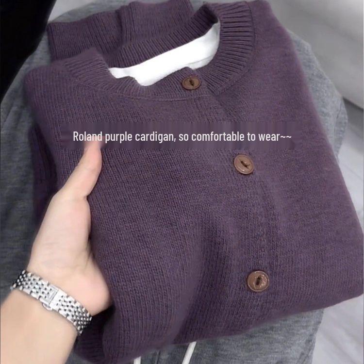 Elegant Women's Purple Knit Cardigan with Soft, Fluffy Fabric and Wooden Buttons