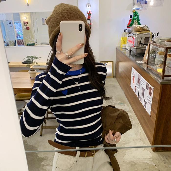 Andy Velvet Washing Water, Contrasting Stripes, Slim-fitting Autumn and Winter Round Neck Women's Long-sleeved Knitted Sweater, Lazy Wind