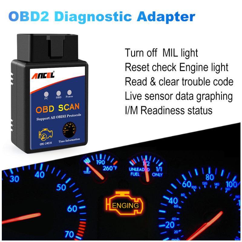 ANCEL ELM327 V1.5 Bluetooth OBD2 Scanner Strumento di diagnosi per auto Lettore di codici di errore del motore Mini adattatore OBDII ODB2 per Android