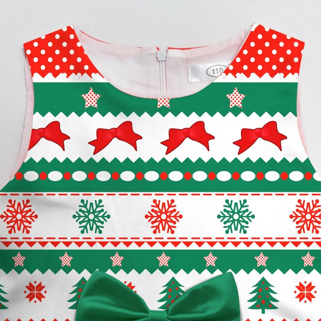 Kids Girls Cartoon Santa Claus Christmas Tree Elk Snowflake Print Bow Sleeveless Casual Dress