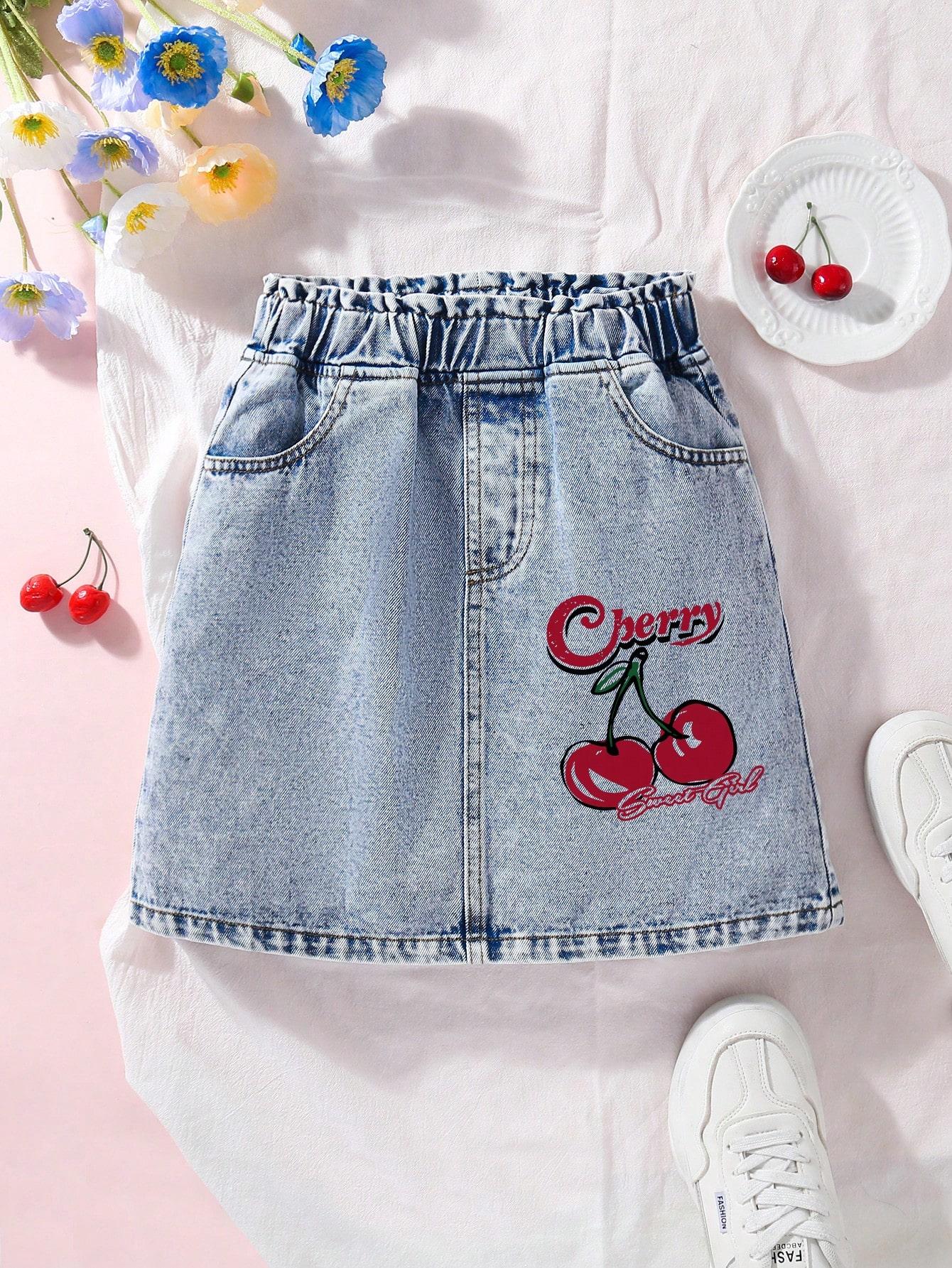 

Single-piece girls casual cute girly cherry print elastic waist retro versatile comfortable denim mini skirt for spring and summer 8Y средний синий