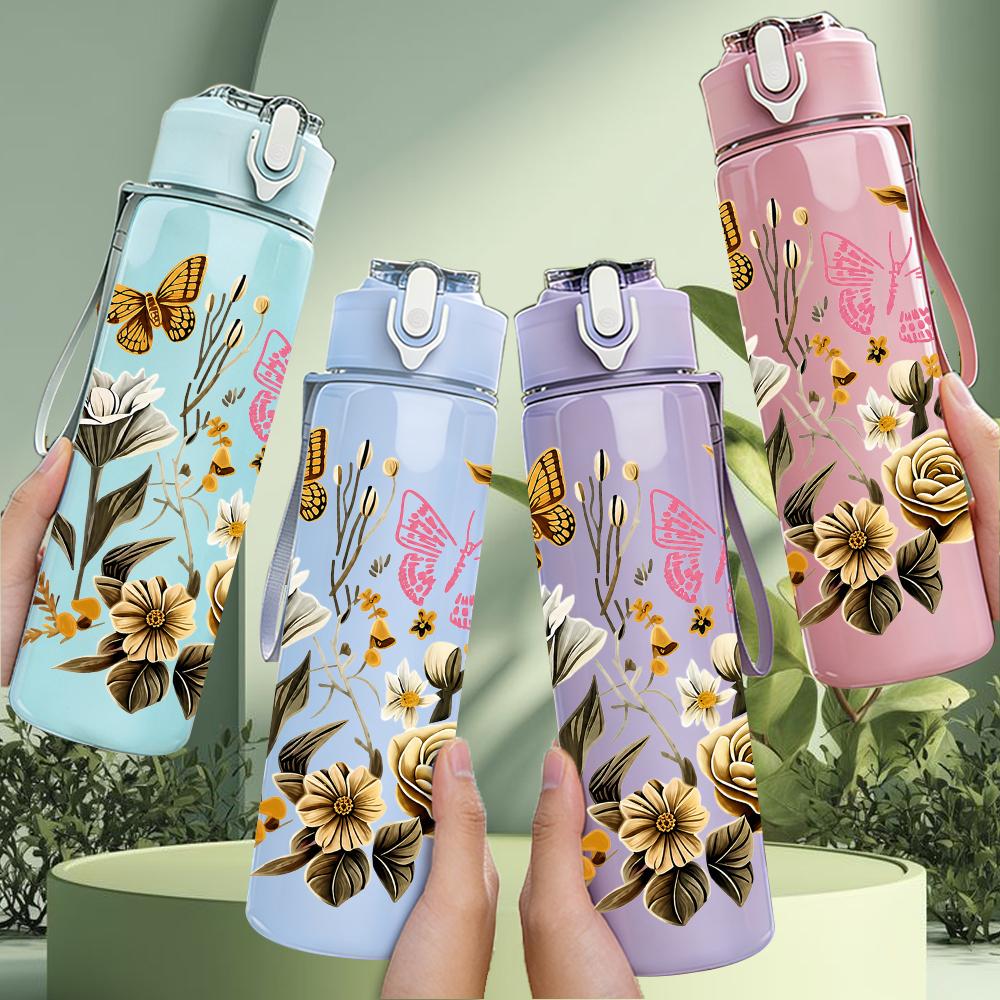 1PC Dried Flower Butterfly Wreath 750ml Color Plastic Sports Water Bottle Leakproof Flip Straw Lid Suitable for Sports Office Home Use