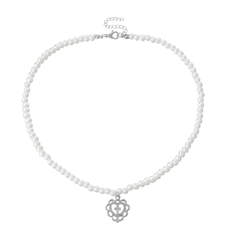 

Hollow Love for Cross Pendant Pearl Necklace Retro Girl Clavicle Chain for Frien 1 серебряный
