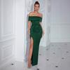 European and American Fashion and Sexy One-word Shoulder Short-sleeved Dress, Solid Color Elegant Pleated Celebrity Party Evening Dress