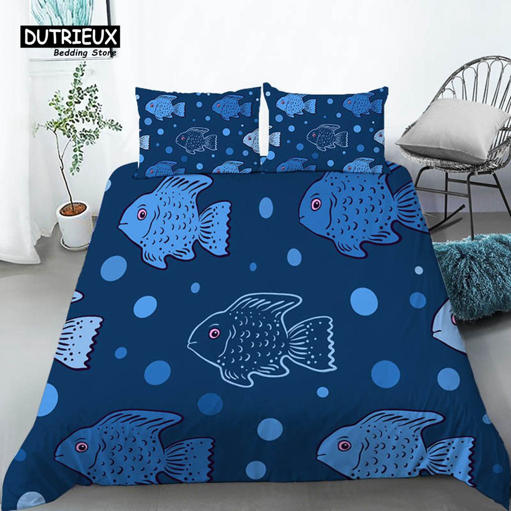 Bettwäscheset für Kleinkinder mit Cartoon-Tieren, Doppelbettgröße, für Kinder, Mädchen, Jungen, Zimmerdekoration, Vögel, Löwen, Fische, Druck, Bettbezug mit Kissenbezügen