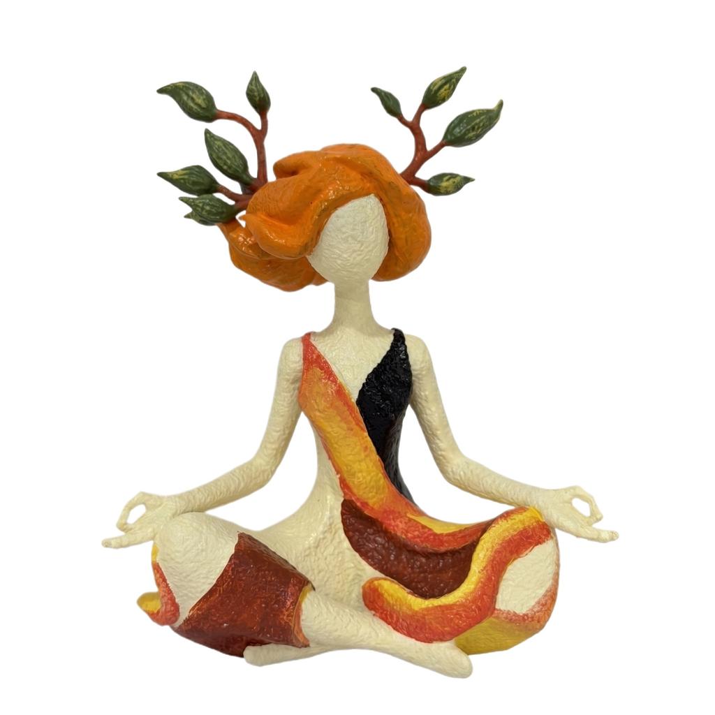 Resin Yoga Girl Figurine Decorative Statue Sitting Meditative Pose with Leaf Branch Hair Design for Home Office Desk Ornament