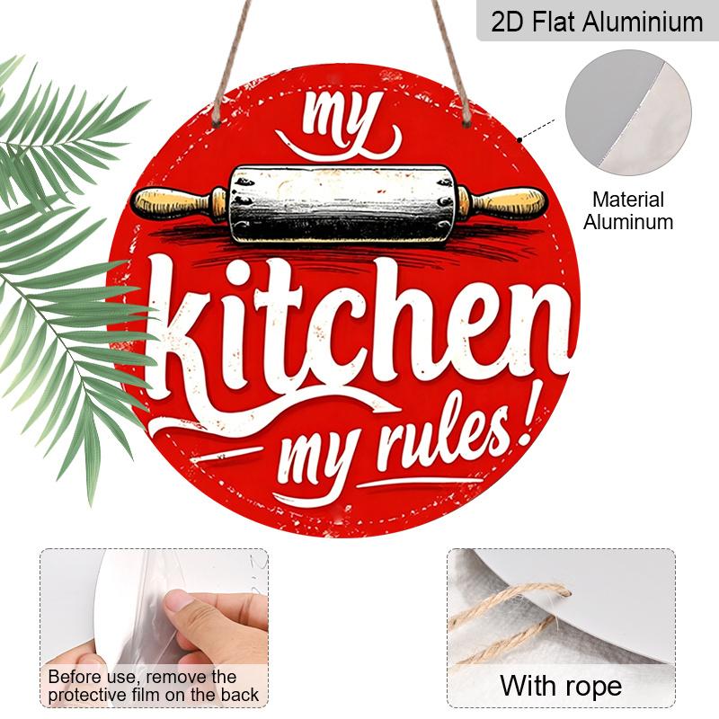 2D Flat, 1pc "My Kitchen My Rules" Retro Aluminum Sign - Round Aluminum Wall Art, Vintage Farmhouse Decor for Kitchen, Cafe, Beach House, Backyard