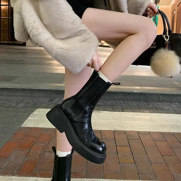 Grape Mom Western Chelsea Cigarette Boots Women's Retro Washed Medium Tube Elastic Boots Small Thick-soled Height Boots