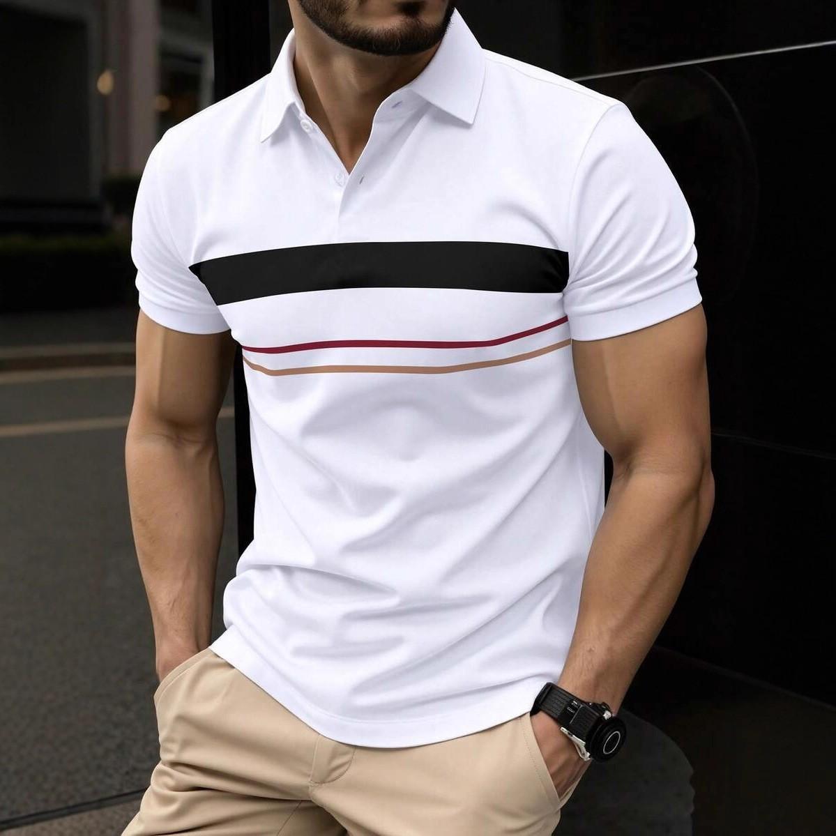 Men s Horizontal Stripe Polo Shirt Summer Slim Fit Notch Lapel Short-Sleeve Business Casual Top S