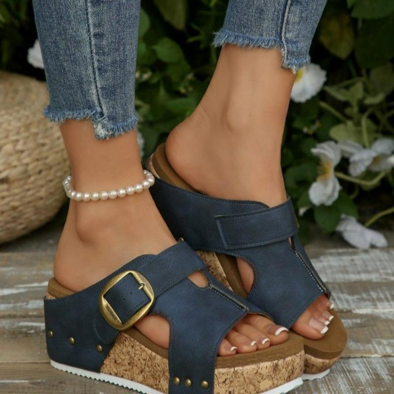 Women S Platform Belt Buckle Slide Sandals Summer Casual