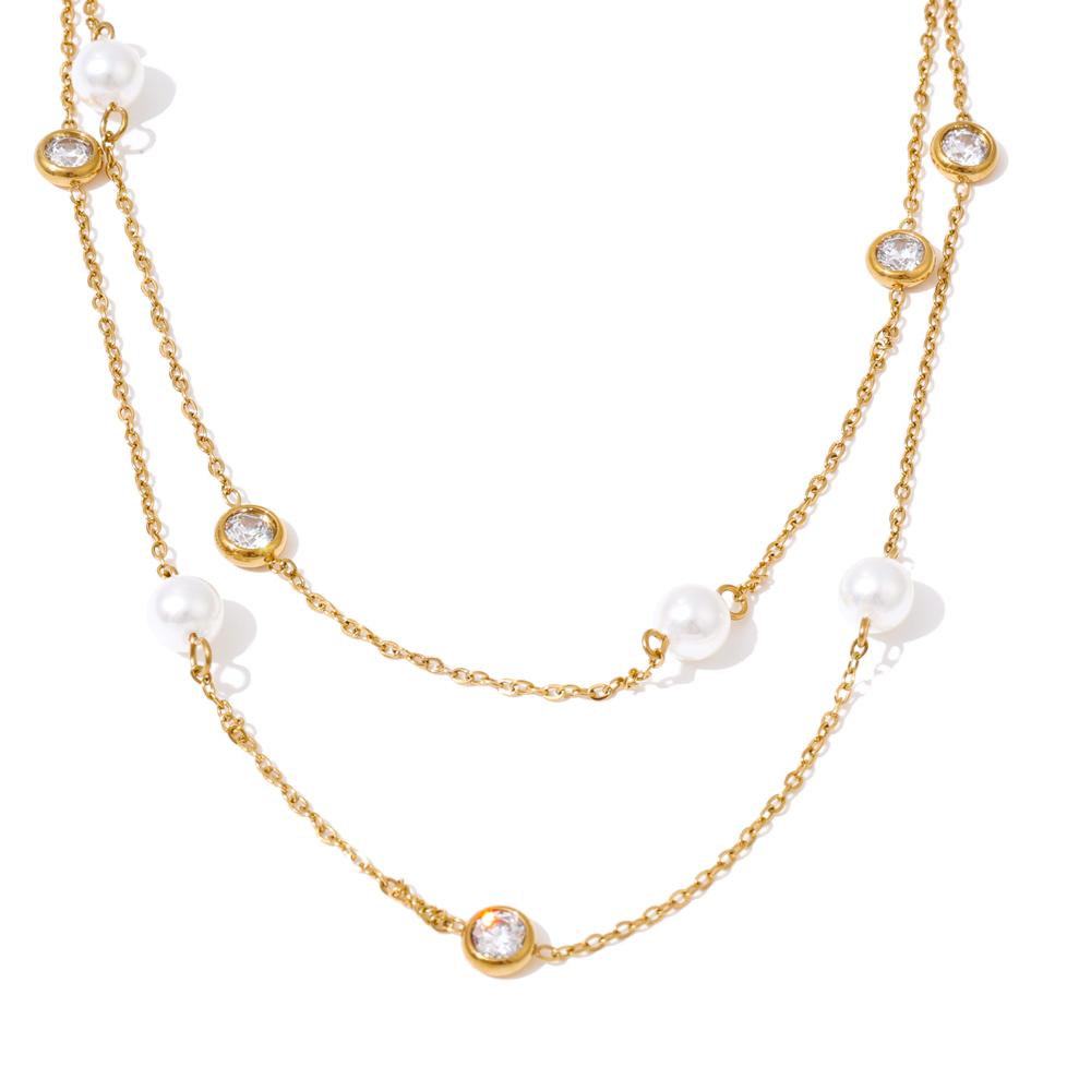 Eetit New Square Chain Stylish Stainless Steel Simulated Pearls Layered Stacking Necklace Women Fashion Charm Collar Jewelry