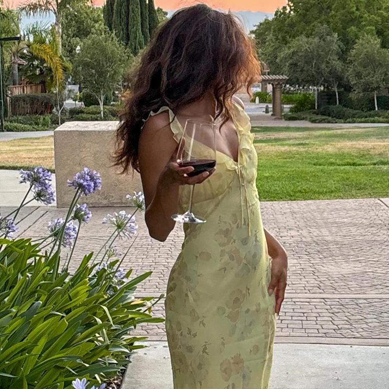 Summer Flower Printed Women's Sexy Low-cut Dress Sleeveless Backless Slim Sling Dresses 2025 Beach Vacation Lady Vestidos