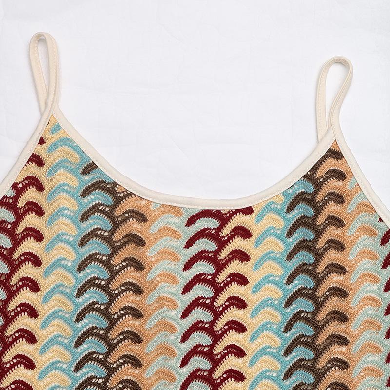 2026 Resort-Style Spaghetti Strap Bodycon Ethnic Striped Knit Dress