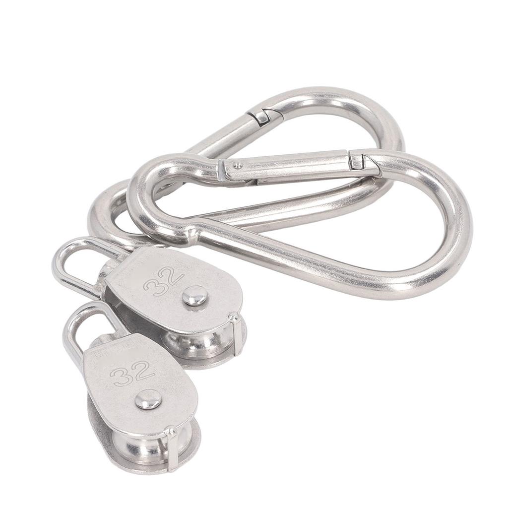 2Pcs M32 Single Pulley Block with 2 M12 Spring Snap Hook Stainless Steel Wire Rope Hanging Towing Wheel Pulley
