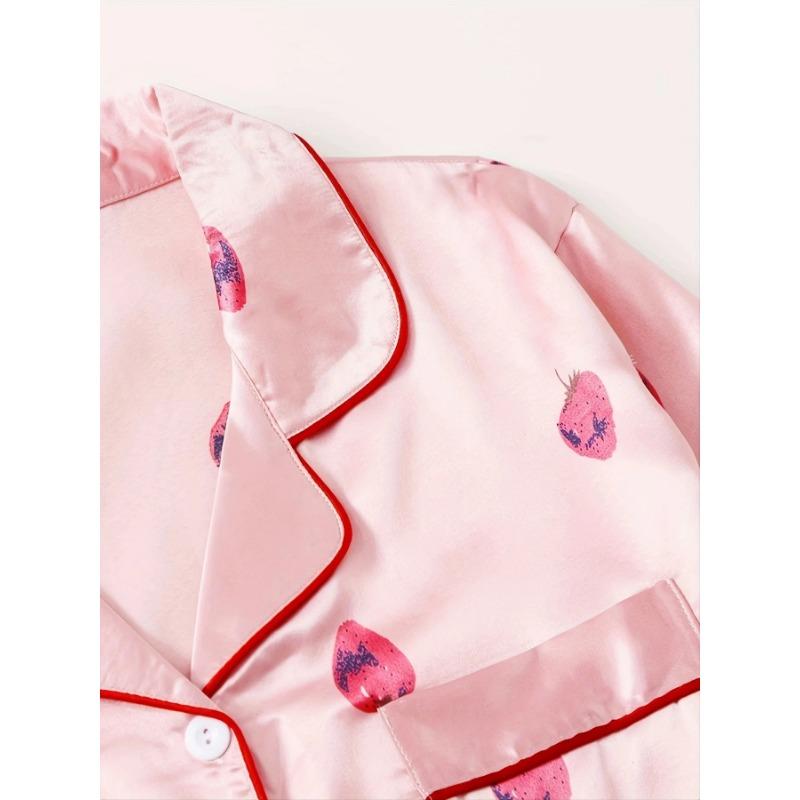 Strawberry Pattern Satin Long Sleeve Tops & Pants Pajama Set for Valentine's Gifts