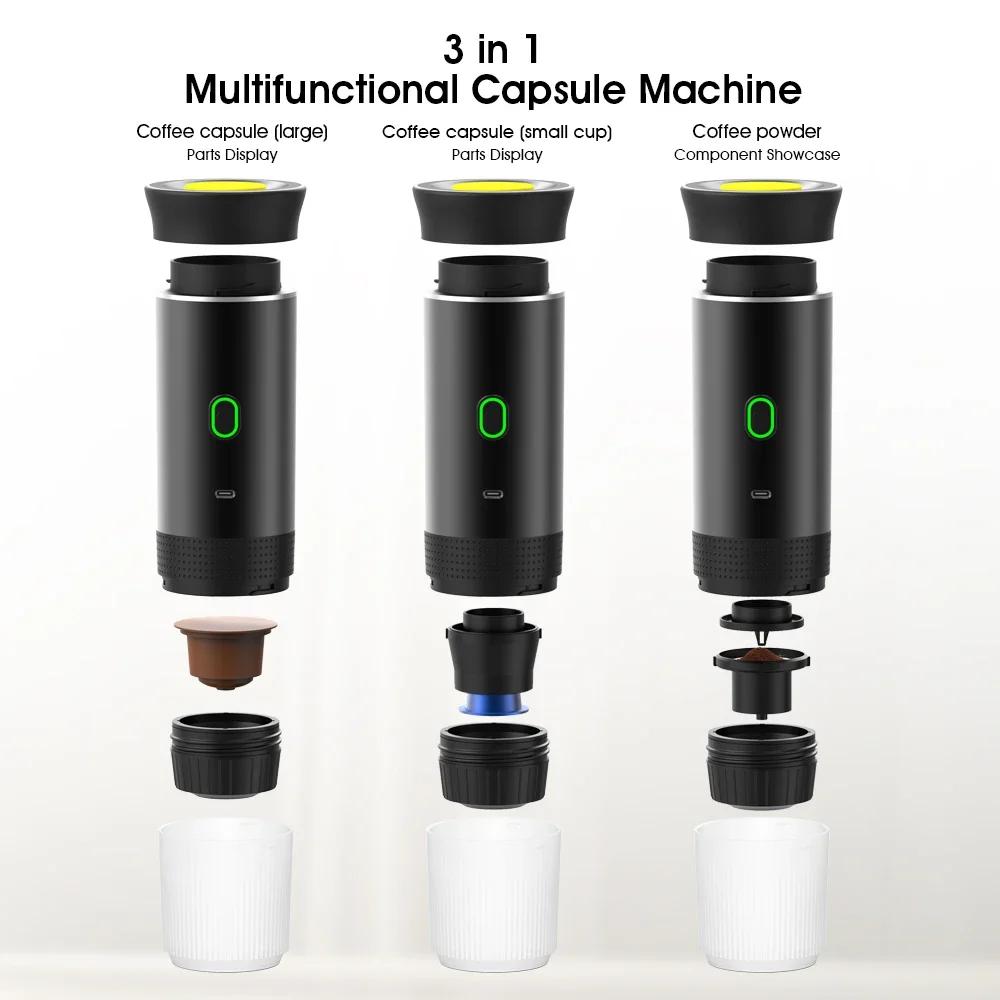 Kabellose elektrische tragbare Espressokaffeemaschine für Auto & Zuhause Campingkaffeemaschine 3-in-1 Kapselpulver Reisekaffeemaschine