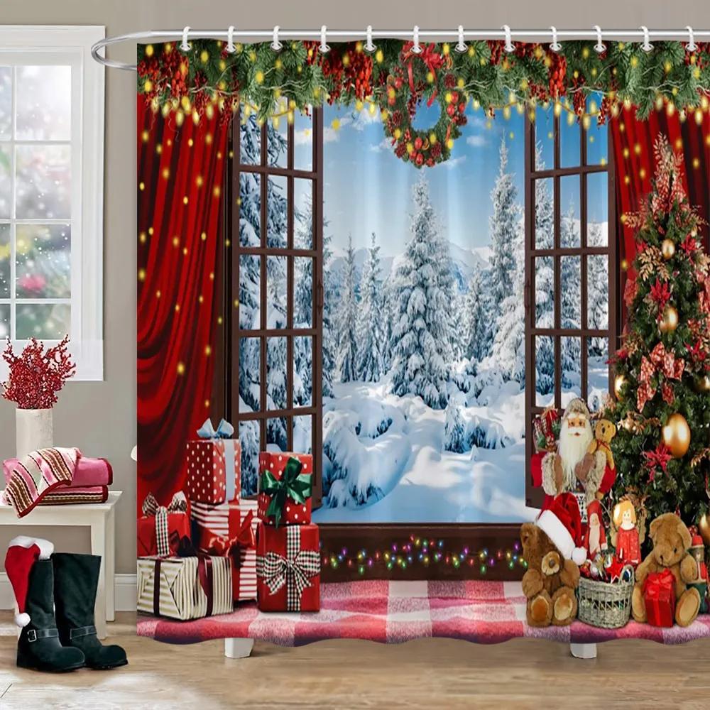 Weihnachtsparty Duschvorhänge Kamin Weihnachtsbaum und Geschenke Schneemann Schneeszene Waschbarer Duschvorhang Kunst Badezimmer Dec