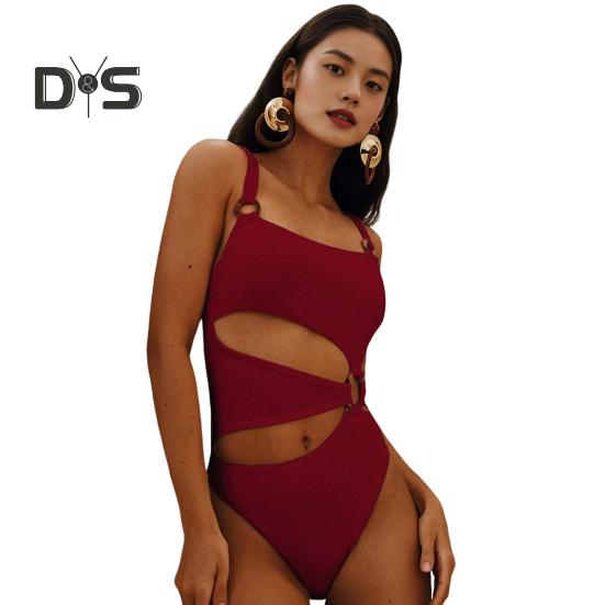 Women Monokini Padded Underwire Solid Color Square Neck One-Piece Bikini with Hollow Design Beach Vacation Swimwear