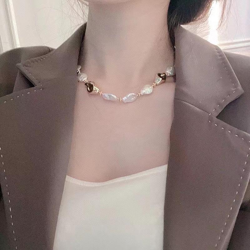 Collana a Catena per Clavicola con Perle Barocche Irregolari Naturali Collana di Perle d'Acqua Dolce di Nicchia Retrò per Donne