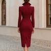 Women's Formal Long Sleeve Bodycon Midi Dress with Stand Collar V-Neck and Waist-Cinching Fit for Evening Party
