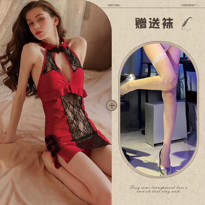 Sex Underwear Sexy Lace Hollow Side Split Cheongsam Uniform Seduction Perspective Suit Passion Clothes